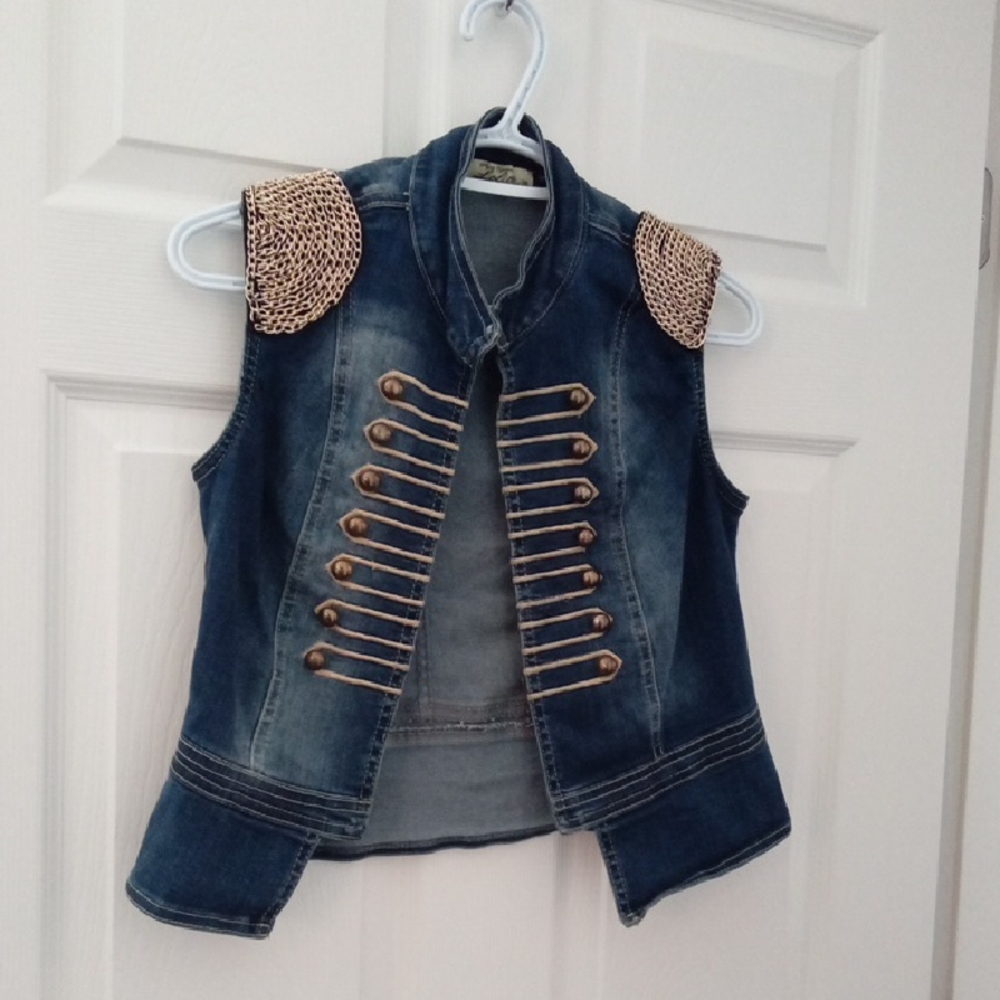 Lolita Women's Military Style Medium Wash Denim Vest with Gold Details Size 38